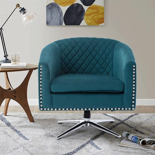 Swivel Barrel Chair Living Room Chair with Nailheads and Metal Base
