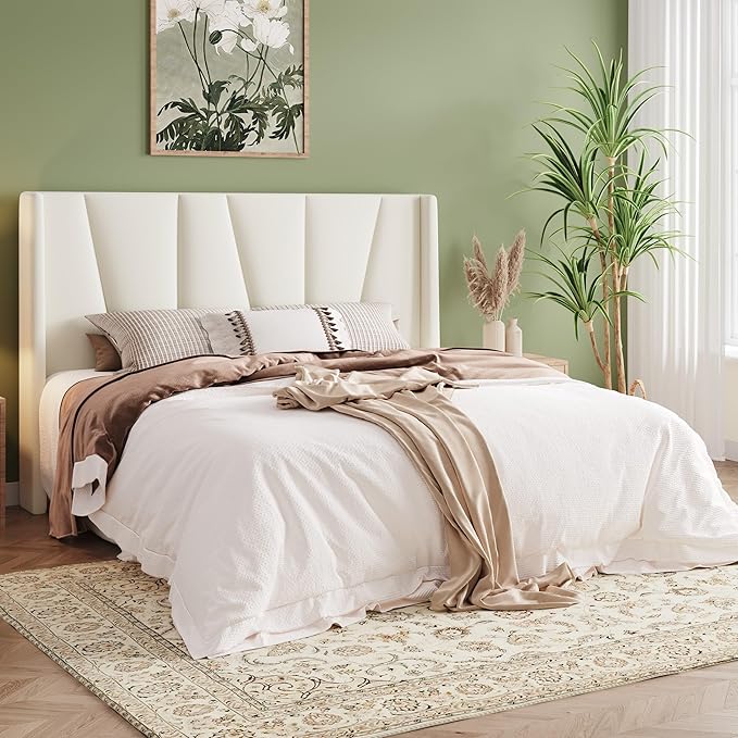 Allewie Full Size Platform Velvet Bed Frame with Geometric Wingback Headboard Boho Upholstered Bed with Wooden Slats Support No Box Spring Needed Easy Assembly Cream