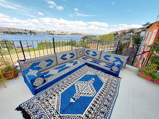 arabicsofa U Shaped Arabic Sofa Set – Royal Blue Modular Floor Seating for Guest Room