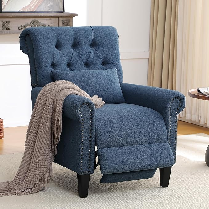Pushback Recliner Chair Accent Push Back Chair with Adjustable Footrest Upholstered Linen Fabric Reclining Sofa with Side Pocket Comfy Modern Armchair for Living Room Navy Blue