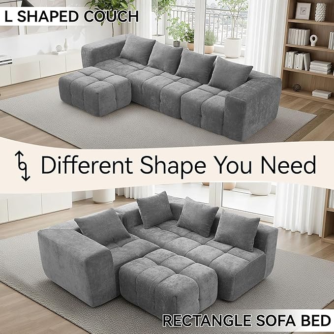 119 Oversized Cloud Boneless Couches for Living Room Modern Tufted Modular Sectional Sofa with Deep Seat &amp Movable Ottoman L Shaped Memory Foam Chenille Couch No Assembly Required Light Grey