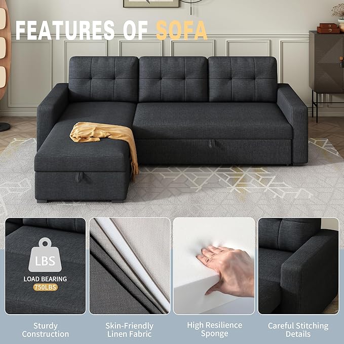 L-Shape Reversible Sectional Sleeper Sofa Bed 4 in 1 Pull Out Couch with Storage Chaise &amp Removable Back CushionsConvertible Sleeper Corner Couch Pull-Out Sofa Bed for Living RoomOffice