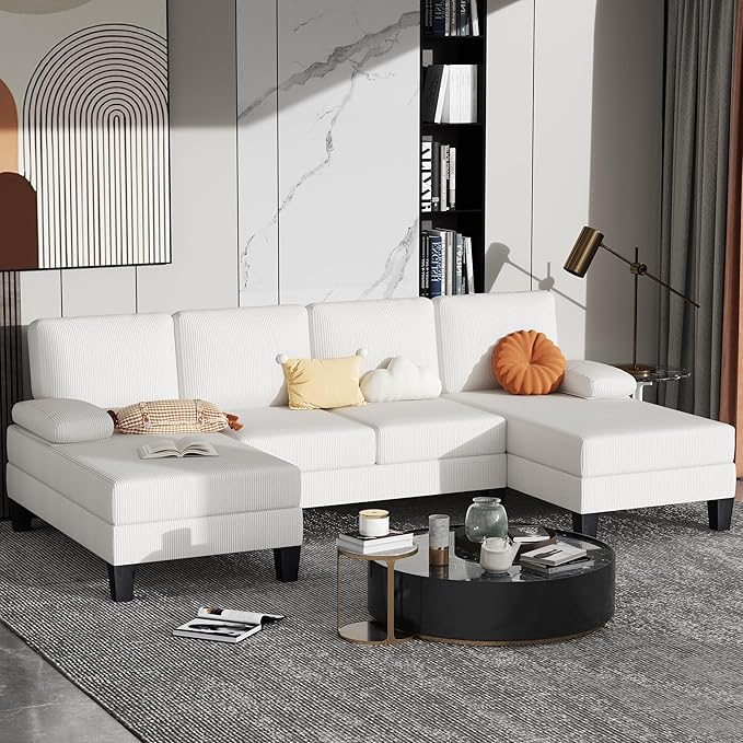Bezseller 107.3 Sectional Couches for Living Room U Shaped Modular Sofa Couch with Cushion &amp Corduroy Fabric 4-Seat Comfy Furniture Sets with Double Chaise for Apartment Reception Room Beige