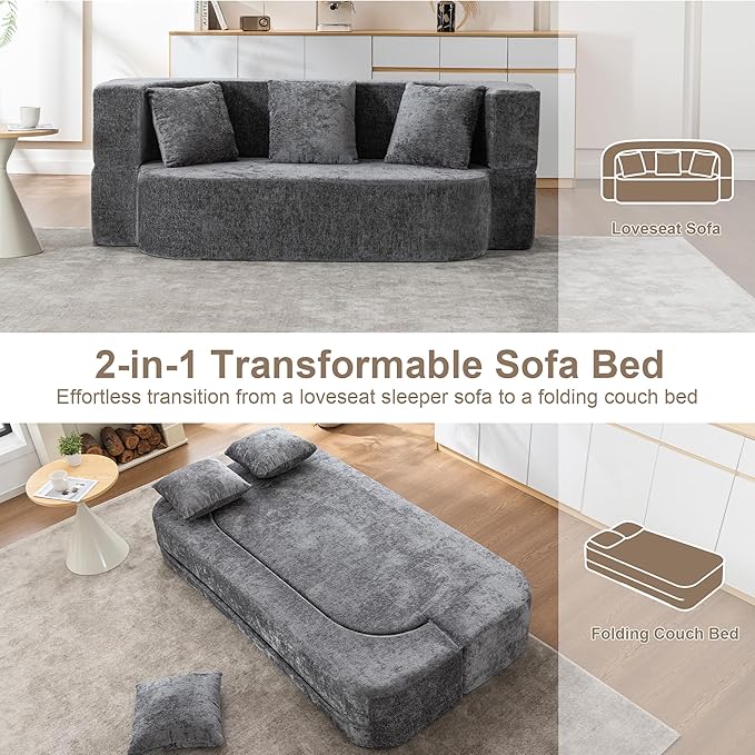 2 in 1 Convertible Sofa Bed 78.8 Modern Loveseat Sofa Couch Curved Folding Sleeper for Living Room Apartment Small Space No Assembly Required Grey