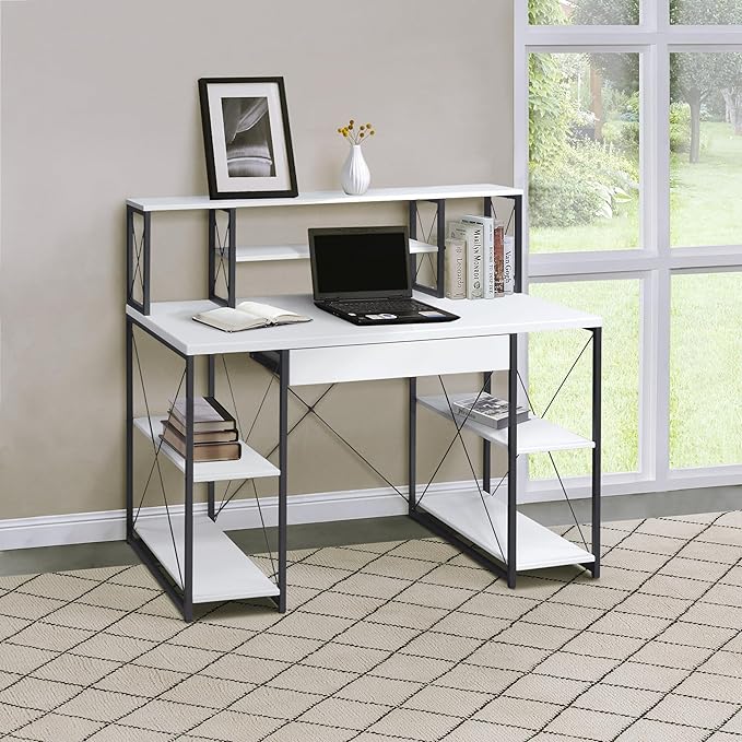 White and Black Office Desk with Open Shelves