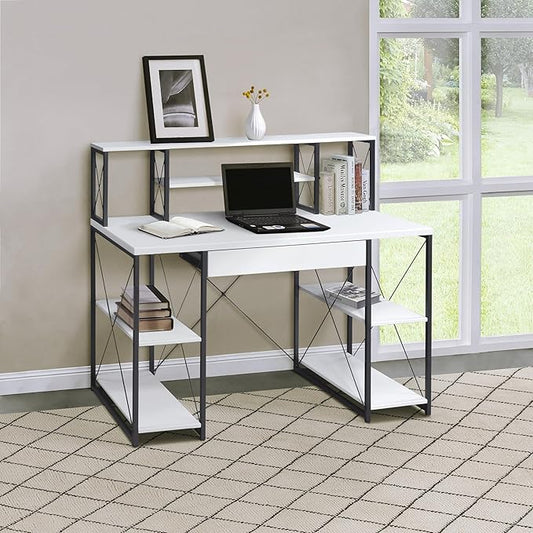 White and Black Office Desk with Open Shelves
