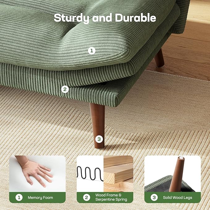 Marsail 74.8 Futon Sofa Bed Corduroy Convertible Futon Couch with Adjustable Backrest &amp Armrests Small Sleeper Sofa Loveseat for Small Apartments Study Room Office Green