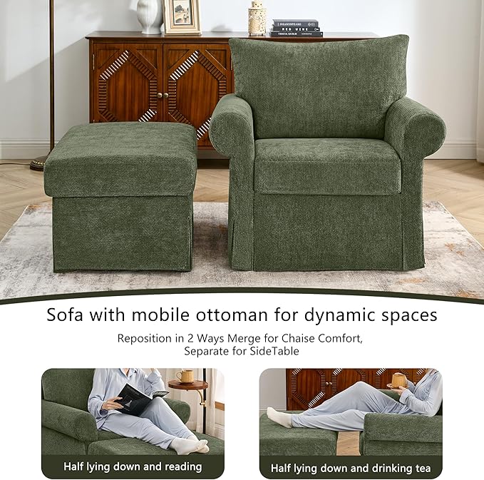 Living Room Chairs with Ottoman Small Accent Chair for Bedroom Single Sofa Couch with Chenille Fabric for Apartment and Small Places (Green)