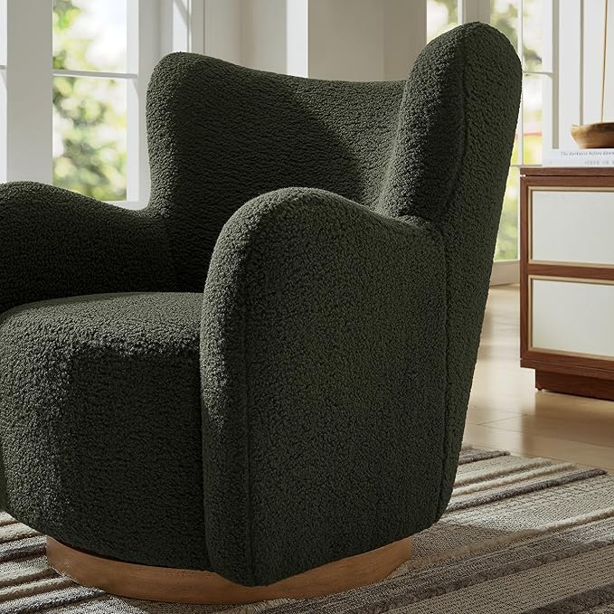 Modway Montrose Swivel Wingback Accent Chair in Fern Walnut Sherpa Teddy Fabric – Modern Furry Barrel Chair with 360-Degree Swivel Base – Soft and Comfy Living Room Chair