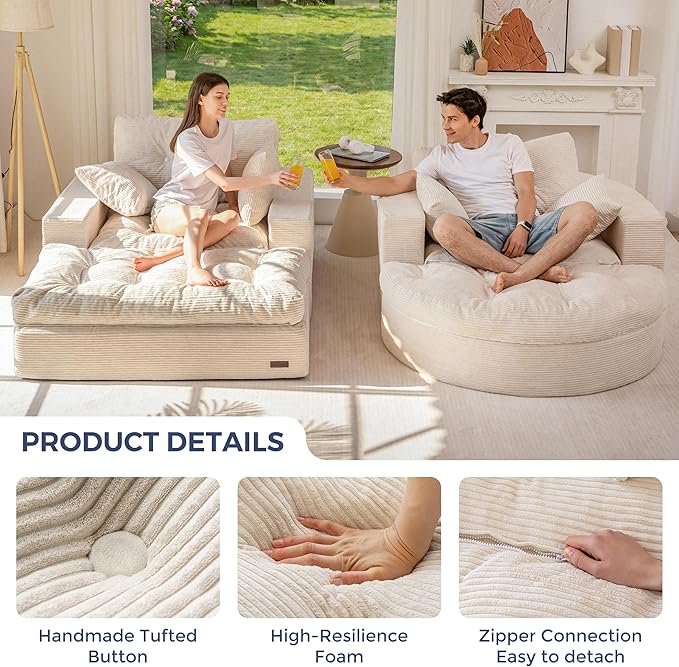 MAXYOYO Modular Sectional Chaise Lounge Sofa 2 Sets Upholstered Lounge Chair with Ottoman Comfy Round+ Square Couch with Layered Cushion Tufted Sleeper Chair for Living Room No Assembly Beige