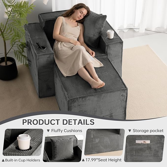 Cloud Single SofaComfy Lounge Chair with Elevated Seat Height Cup Holder &amp Side PocketNo Assembly Required Foam Couch for Small Space Bedroom Office Apartment (Grey with Ottoman)