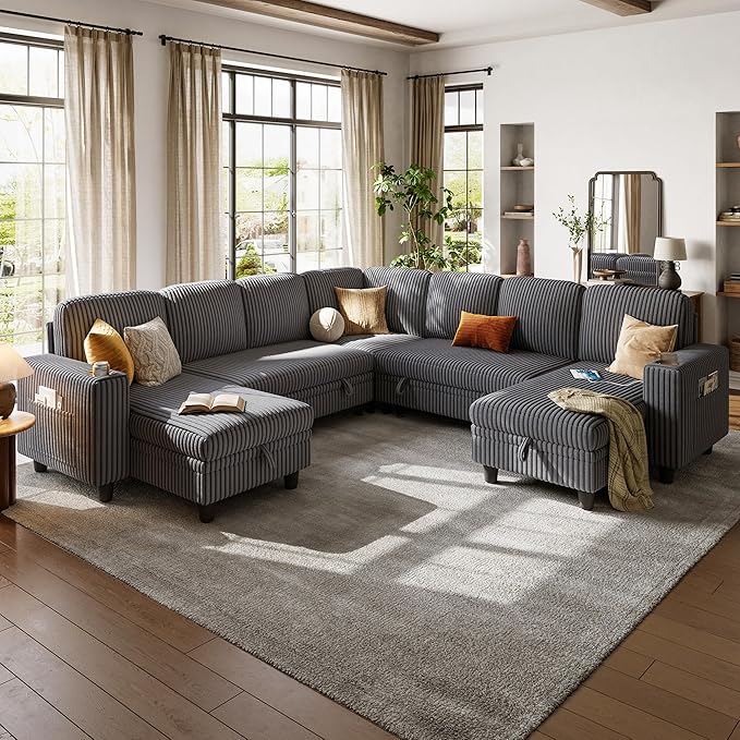 LINSY HOME Sectional Sleeper Sofa Pull Out Couches for Living Room (Grey Sleeper Sofa 5) | Pull Out Sofa Bed Storage USB Charging Cup Holders Plush Corduroy