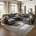 LINSY HOME Sectional Sleeper Sofa Pull Out Couches for Living Room (Grey Sleeper Sofa 5) | Pull Out Sofa Bed Storage USB Charging Cup Holders Plush Corduroy