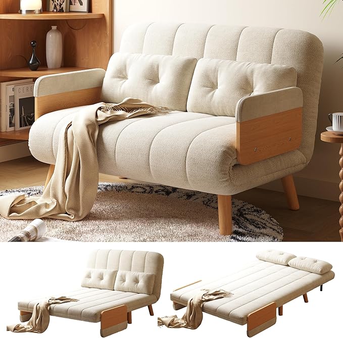 Convertible Chair Bed Futon Sofa Bed Sleeper Chair with Solid Wood Leg and Storage Pocket Linen Fabric Sofa Couch Guest Bed for Living Room Bedroom Office Apartment (43.31)