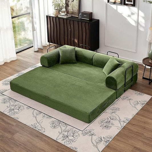 79 5-in-1 Convertible Sofa Bed Premium Sleeper with Reinforced Frame &amp Plush Corduroy No Assembly Modular Couch for Lounge Guest Room &amp Small Space Olive Green