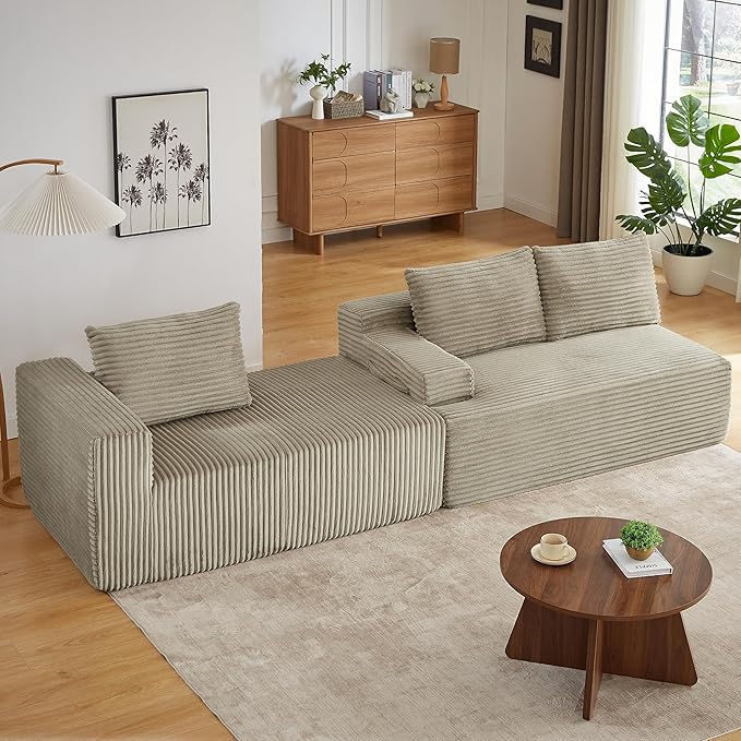 Modern Corduroy Modular Sectional Sofa96.1 Minimalist Style L-Shaped 3 Seat Couch with Side Storage PocketsComfortable Chaise Lounge for Living RoomReception AreaCamel Right Chaise Lounge