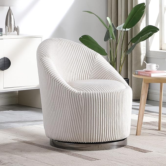 Morden Fort Mid Century 360° Swivel Chair Barrel Accent Sofa Chairs Luxury Corduroy Modern Upholstered Chair Durable Stainless Pedestal Round Armless Chairs for Living Room Bedroom Office Beige