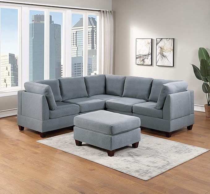 NewCosmos Living Room Furniture Armless Chair Grey Linen Like Fabric 1pc Cushion Armless Chair Wooden Legs