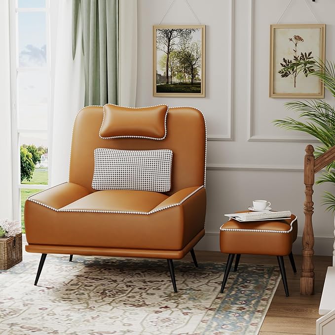 ALISH Modern Accent Chair with Ottoman Upholstered Chair and Ottoman Set Comfort Single Sofa Chair with Removeable Cushion for Living Room Bedroom (PU Brown)