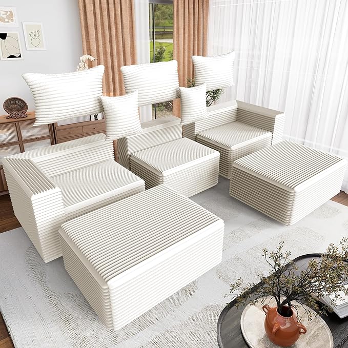 110 Corduroy Boneless Couch for Living Room with 2 Ottomans Convertible Modular Cloud Sofa with Deep Seats Ergonomic Memory Foam U Shaped Sectional Couch No Assembly Required (Beige)