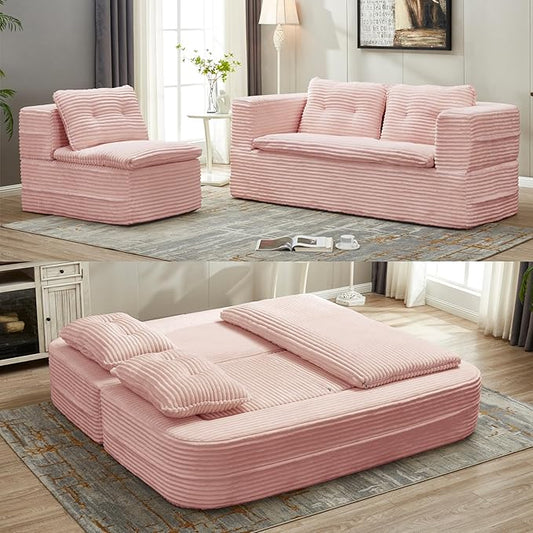 2 Pieces Sofa and Loveseat Set 80'' King Size Folding Sofa Bed with Chaise Lounge 2-in-1 Convertible Floor Sofa Bed Corduroy Boneless Couch Memory Foam Couches for Living Room Pink