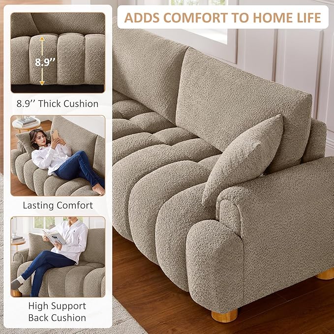 VANOMi Boucle Sofa Couch 91 Comfy Tufted Upholstered Cloud Couches Modern 3 Seater Sofa with Pillows Oversized Deep Seat Sherpa Couch for Living Room Bedroom Apartment (Camel Color)