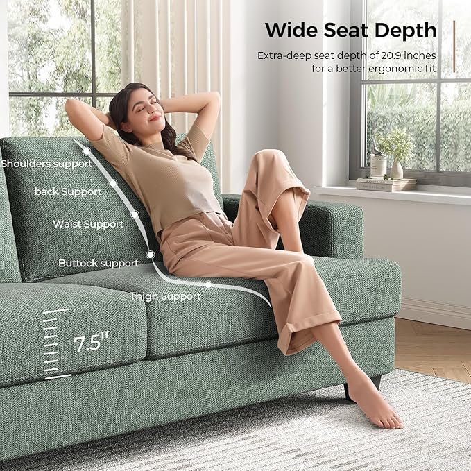 84 Inch Sofa with Extra Deep Seats Oversize Linen Fabric 2 Seater Sofa for Living RoomModern Couch and Loveseat Comfy Armrests and Seats and Backrests Easy Installation Light Green