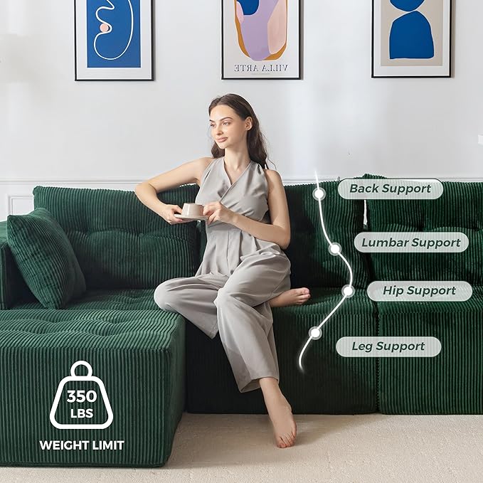 MAXYOYO Modular Sectional Sofa Couch L Shaped Modern Cloud Couch with Ottoman Sofa in A Box Tufted 4-Seat Boneless Sleeper Chair for Living Room No Assembly Required Green