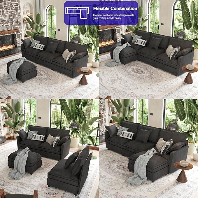 112 Inch Dark Grey Cloud Sectional Couch - Wide Pillow Edge Chenille Comfy Upholstered 3 Seater Modular Sofa with Ottoman L Shaped Couches for Living Room Apartment Office