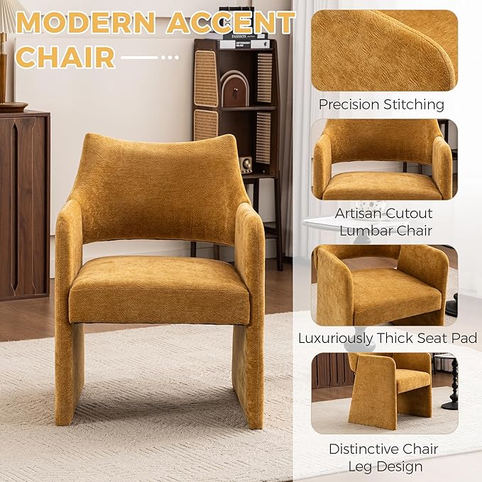 Mid-Century Chenille Accent Chair Set of 2 Geometric Open-Back Upholstered Armchair with Non-Slip Frame Cozy Reading Chair for Home &amp Office (Yellow)