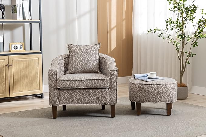 Accent Chair with Ottoman Mid Century Modern Barrel Chair Upholstered Club Tub Round Arms Chair for Living Room