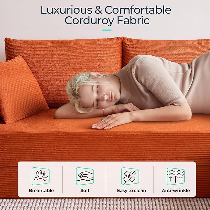 LINSY HOME Oversized Convertible Sofa Bed with 2 Pillows &amp Ottoman Corduroy Boneless Couch Folding Modular Sleeper Sofa L Shaped Couch Floor Sofa for Living Room Apartment Upgrade Backrest (Ora
