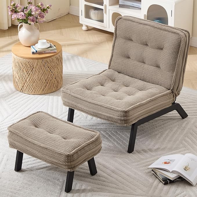 ANJ Accent Chair with Ottoman Adjustable Backrest Khaki Living Room Chair Tufted Upholstered Lounge Chair with Footrest Set Modern Chair Cozy Reclining Chair for Reading Room Bedroom