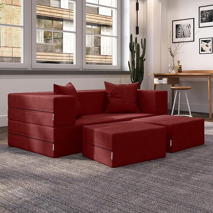 Jaxx Zipline Convertible Sleeper Loveseat &amp Ottomans Textured Microvelvet - Berry Red