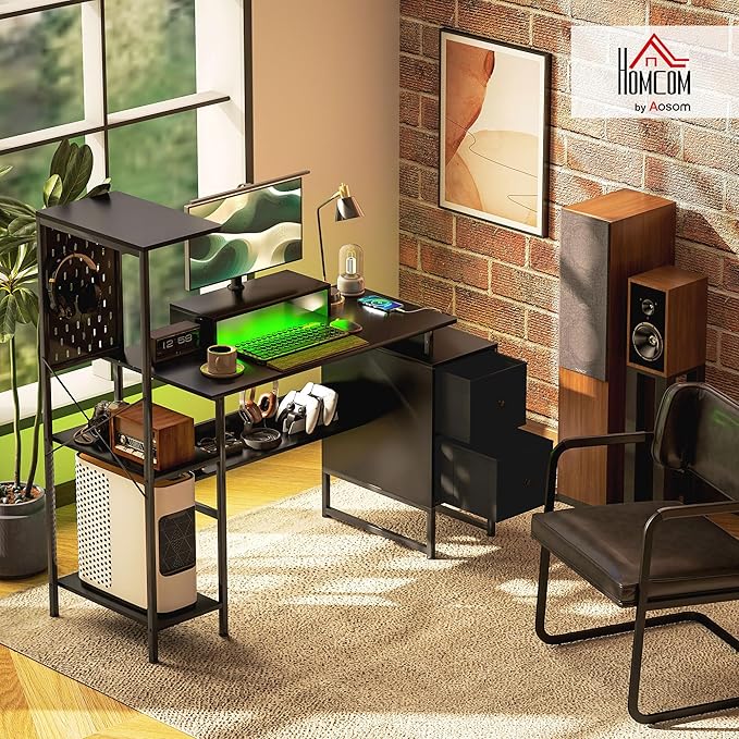 HOMCOM 56 Gaming Desk with Monitor Stand Power Outlets and LED Lights Computer Desk with Storage Shelves Fabric Drawers 2 CPU Stands Pegboard for Home Office Black