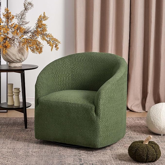 KINWELL 32 Wide Modern Boucle Swivel Barrel Chair No Assembly Round Upholstered Swivel Accent Armchair for Living Room Bedroom Office (Green)