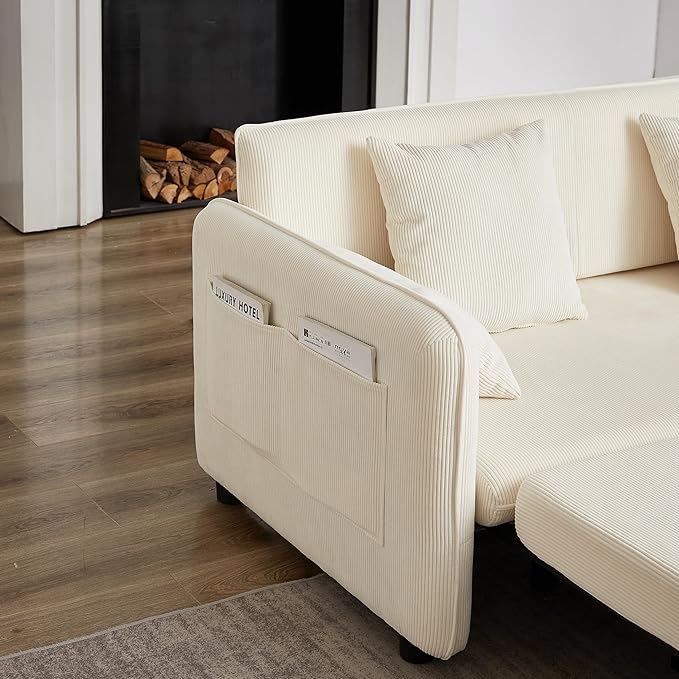 Ball &amp Cast 66 Convertible Sofa Bed3-in-1 Corduroy Loveseat Sleeper Pull Out Couch Bed with Pillows and Side Pockets Deep Seat Comfy Sofa Couches for Living RoomApartmentBeige