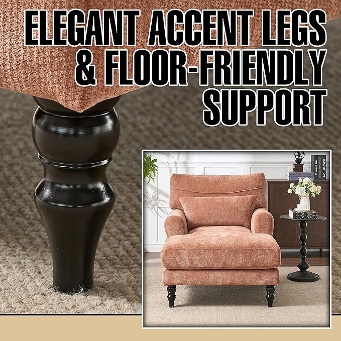 Chaise Lounge Chair Indoor Modern Leisure Sleeper Sofa Chair w/Double Deep Cushion Accent Upholstered Reading Side Armchair Recliner Arm Chairs for Living Room &amp Bedroom Easy AssemblyOrange