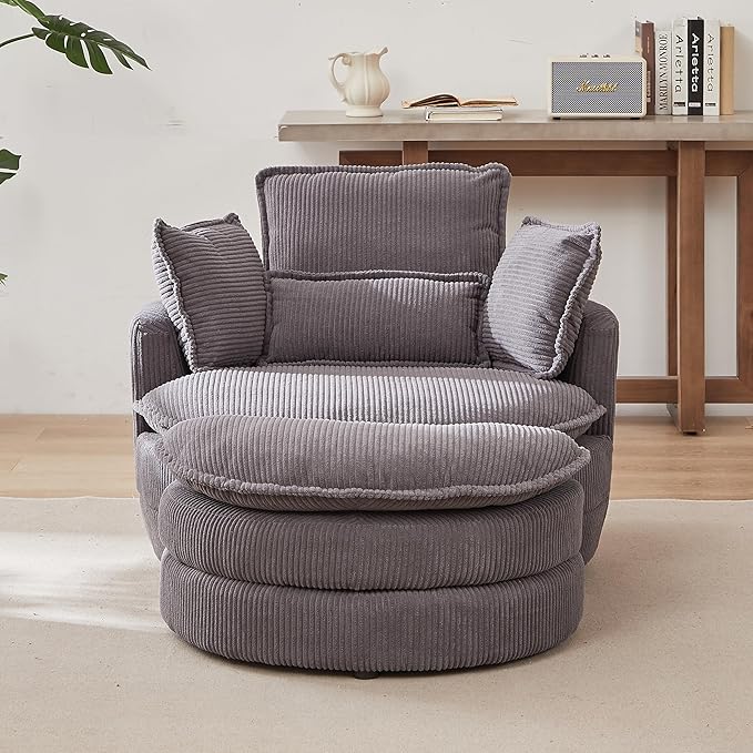Modern Swivel Chair 38 W Oversized Swivel Chair with Moon Storage Ottoman Accent Round Loveseat Circle Swivel Barrel Chairs with 4 Pillows Cuddle Sofa Chair Lounger Armchair (Grey * 99)