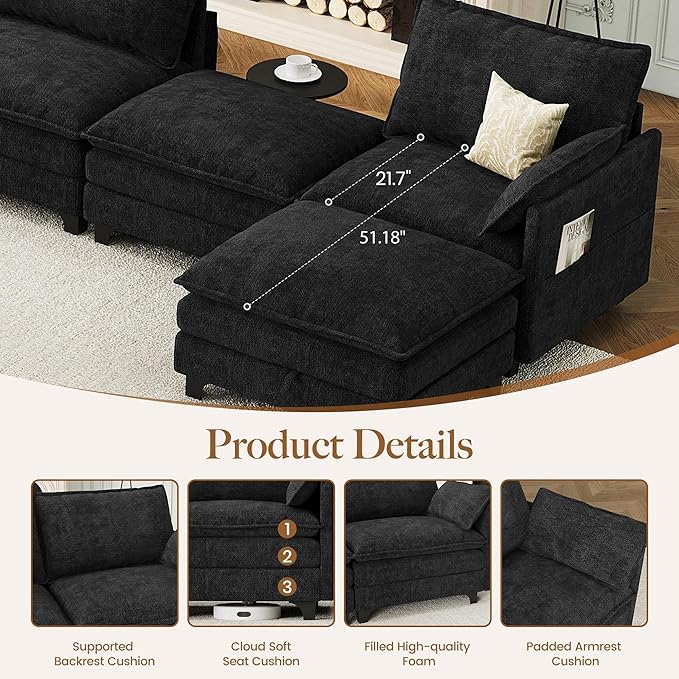 Accent Sofa Chair with Storage Ottoman Cloud Sigle Couch with Side Pocket for Living Room Bedroom and Apartment Dark Grey