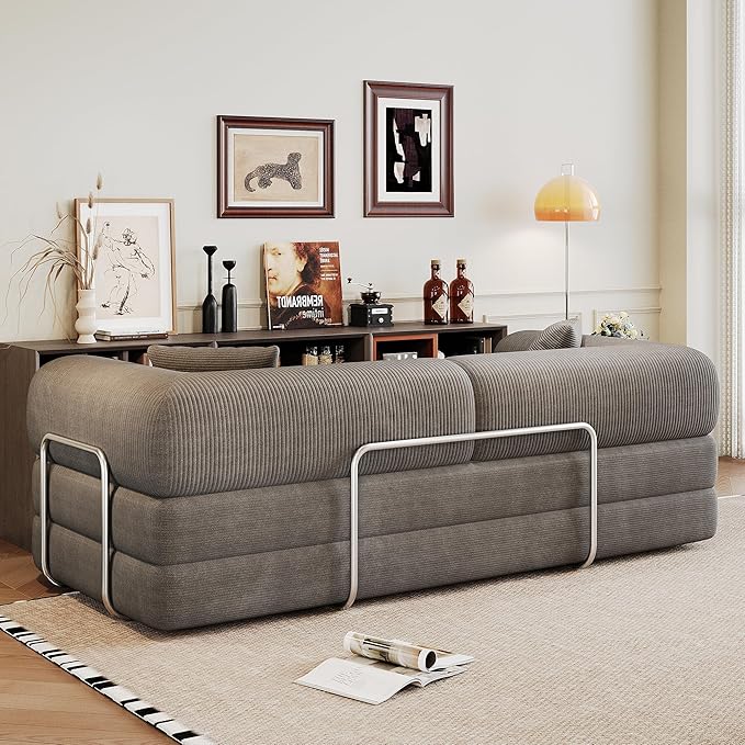 79 Convertible Floor Sofa Bed Modern King Sleeper Folding Mattress Couch with Pillows Corduroy Boneless Sectional Sofa Couch for Living Room Game Room Grey