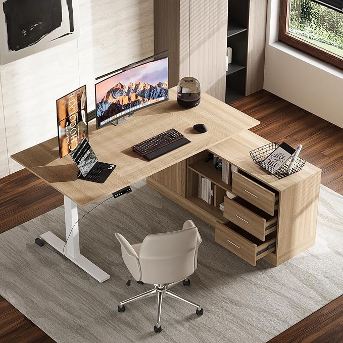 63 L Shaped Electric Standing Desk with File Cabinet Height Adjustable Stand up Desk with Drawers and Shelves Home Office Computer Gaming Table Brown &amp White