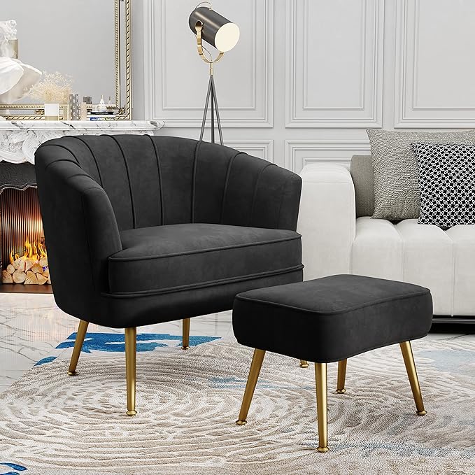 Andeworld Velvet Accent Chair with Ottoman Upholstered Modern Single Sofa Side ChairComfy Barrel Club Living Room Armchair with Golden Metal Legs for Bedroom Living Reading Room Office Black