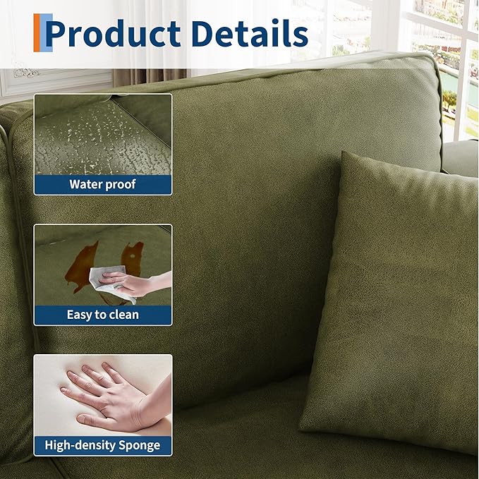 Faux Leather Couch with 2 Throw Pillows Sofa Couches for Living Room 3 Seater Sofa with Wide Armrests Wood Legs Deep Seats Back Cushion Sturdy Support Feet for Office Living Room Olive Green