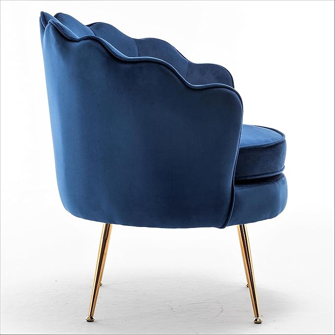 Velvet Barrel Accent Chair with Scalloped Silhouette and Gold Metal Legs Decorative Piece Suitable for Traditional Modern and Contemporary Spaces Navy Blue