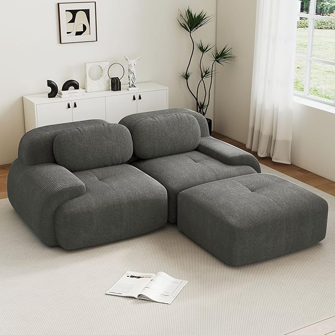 82 Foam Compressed Cloud Sofa28 Feep Seat Pet-Friendly Corduroy Oversize Sectional Couch with Movable Ottoman 2 Seater Modular Cloud Couch for Living Rooms Apartments Leisure RoomsGrey
