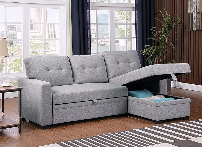 ERYE 82-inch Pull Out Sleeper Couch Bed L-Shaped Reversible Sleeper Sectional Sofa Linen Blend Tufted Upholstered Corner Convertible Sofa Bed with Storage Chaise