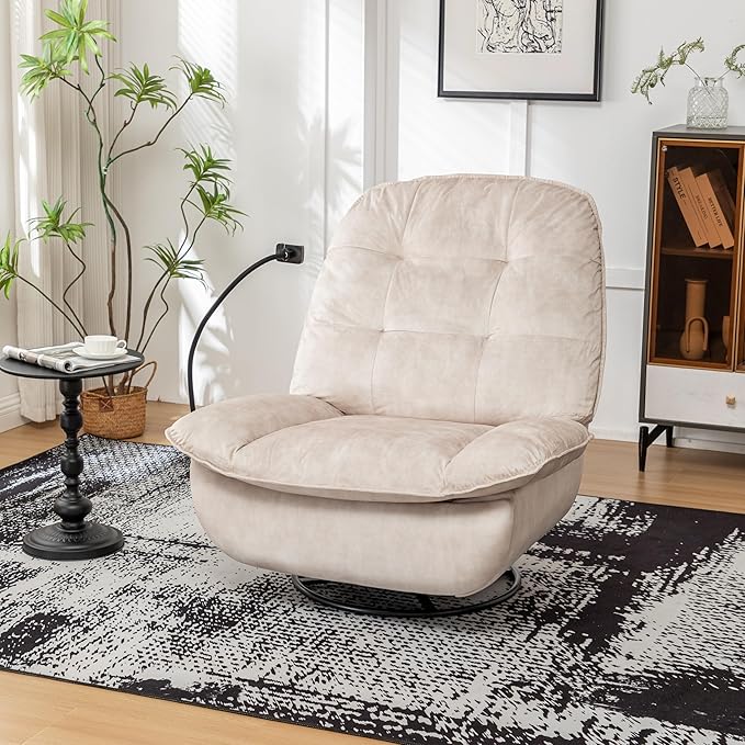 JOSHEN 41 Modern Velvet Reclining Lazy ChairLarge Reading ChairSwivel Gliding Rocking Chair with Mobile Phone Holder for Living RoomBedroomIvory