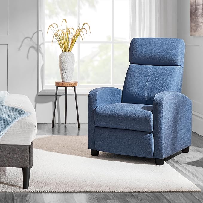 Yaheetech Fabric Recliner Chair Sofa Ergonomic Adjustable Single Sofa with Thicker Seat Cushion Modern Home Theater Seating for Living Room Light Blue