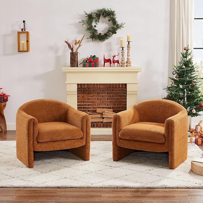 VANOMi 31.2 Accent Chair Modern Upholstered Living Room Chairs Comfy Single Sofa Chair for Bedroom Office Waiting Room Set of 2 (Curry Boucle)